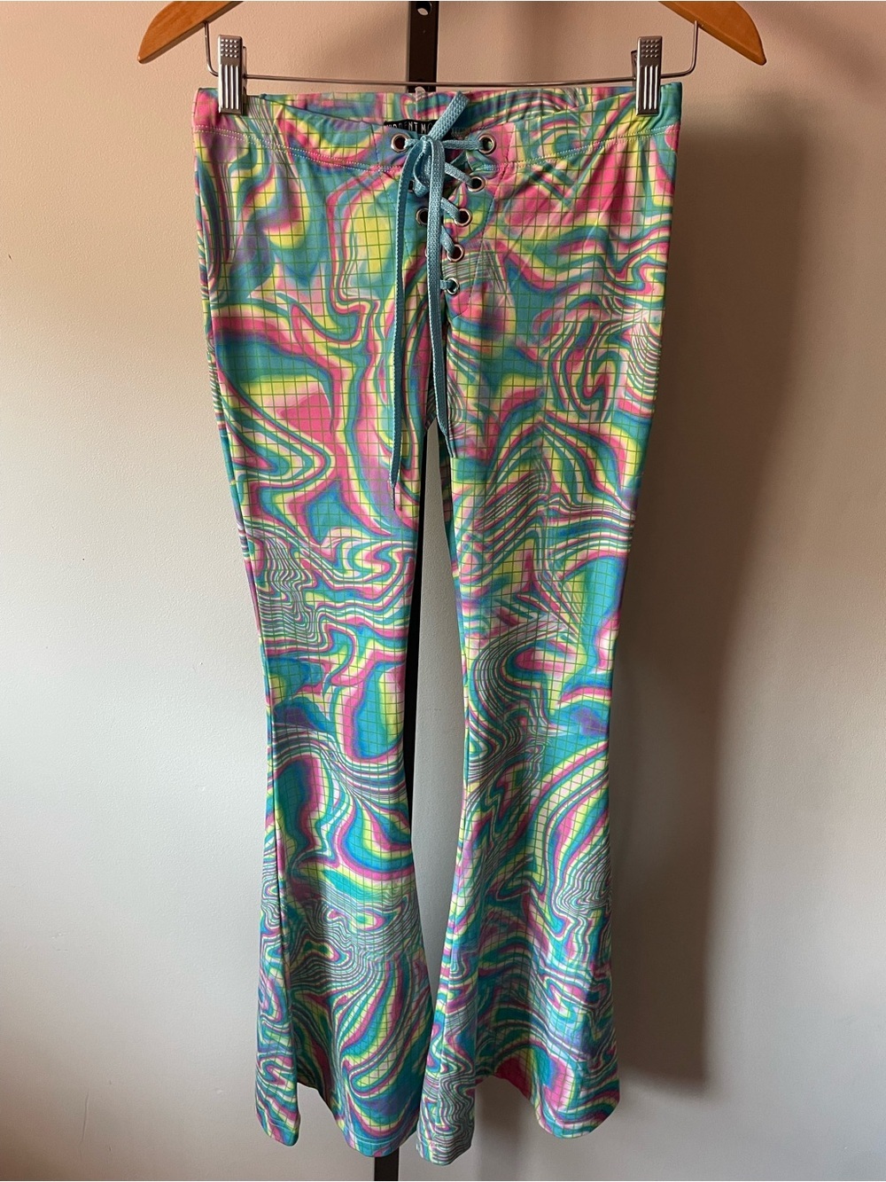 CURRENT MOOD Pastel Trippy Grid Psychedelic Lace Up Flare Pants Small